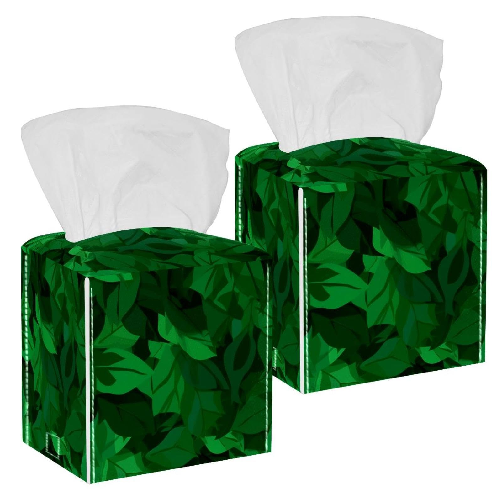 Artistic Leaves Tissue Box Cover, 2 Pack PU Leather Square Facial Tissue Dispenser Box holder for Home Office Car
