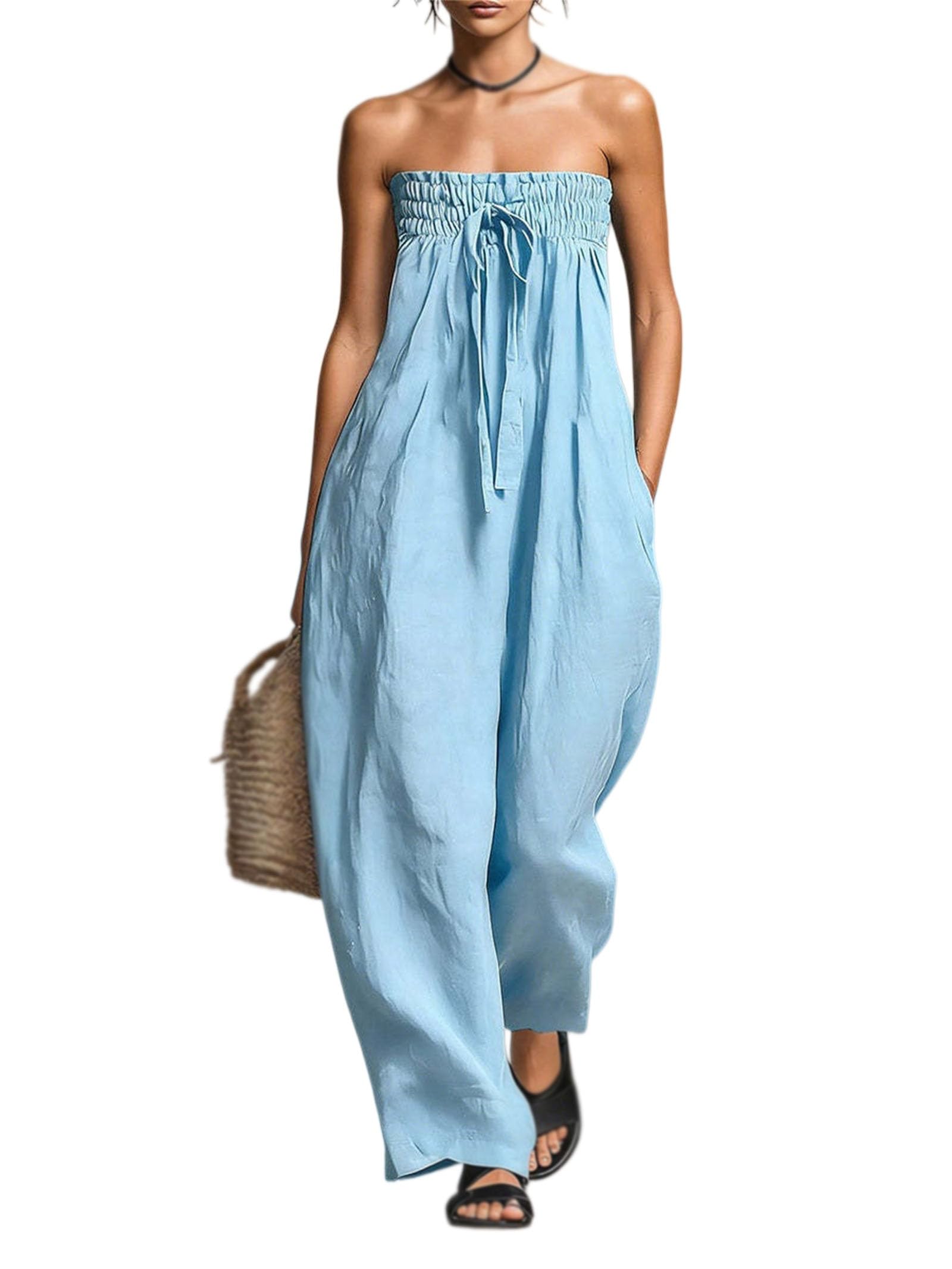 Damen-Jumpsuits ohne Träger, sommerliche, lässige Jumpsuits mit gerafftem Bandeau-Top, weitem Bein und Taschen