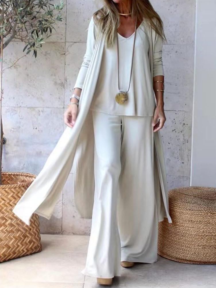 shownicer 3 Pièces Pantalon Combinaisons Femme Mode Chemise à sans Manches Taille Haute Large Jambe Pantalon Long Cardigan Manteau Ensemble