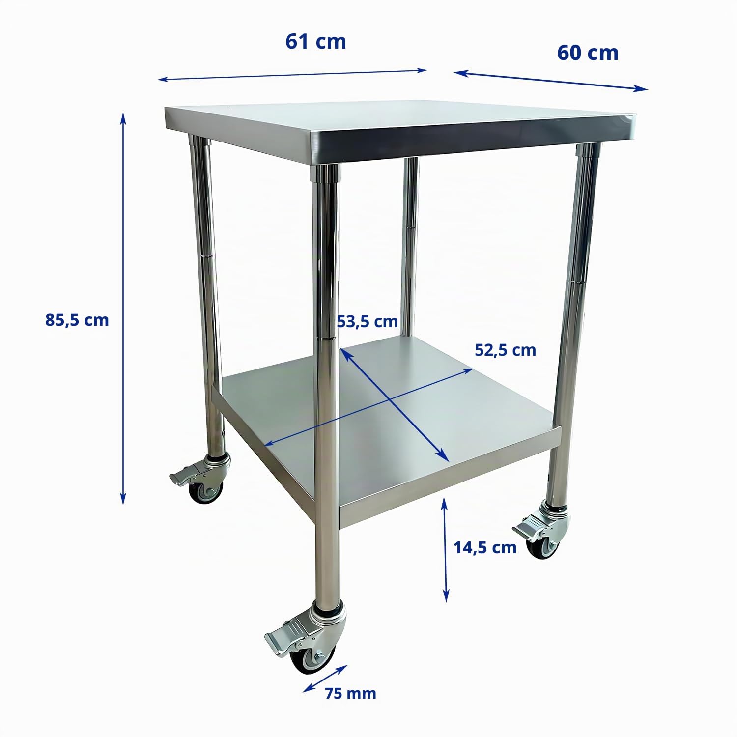 Mesa de trabajo de cocina de acero inoxidable, 61 x 60 cm, 4 ruedas giratorias con frenos, hasta 200 kg, mesa profesional de acero inoxidable, mesa de cocina para restaurante, cocina, bar