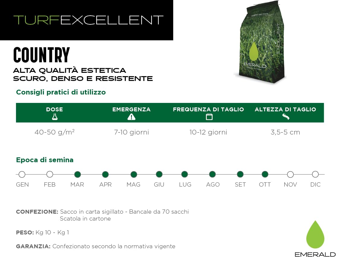 Emerald COUNTRY TurfExcellent, Sementi per Prato ad Alta Qualità Estetica,Scuro Denso e Resistente, 10kg (400mq)