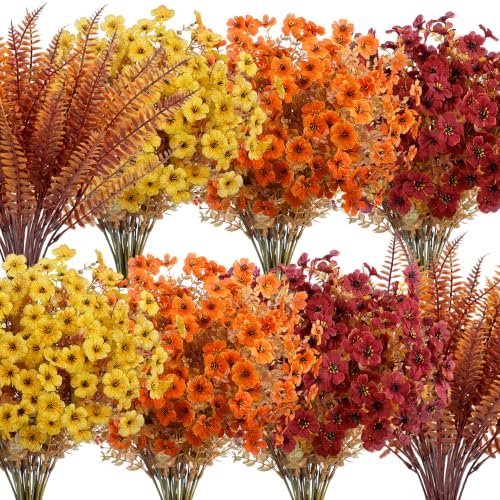 Image of Bassion Artificial Fall Mums for Outdoors Decor, 16 Pcs Fake Fall Flowers | Realistic, faux plants, silk flowers, UV resistant, no fade, outdoor yard porch garden planter window box home autumn decor