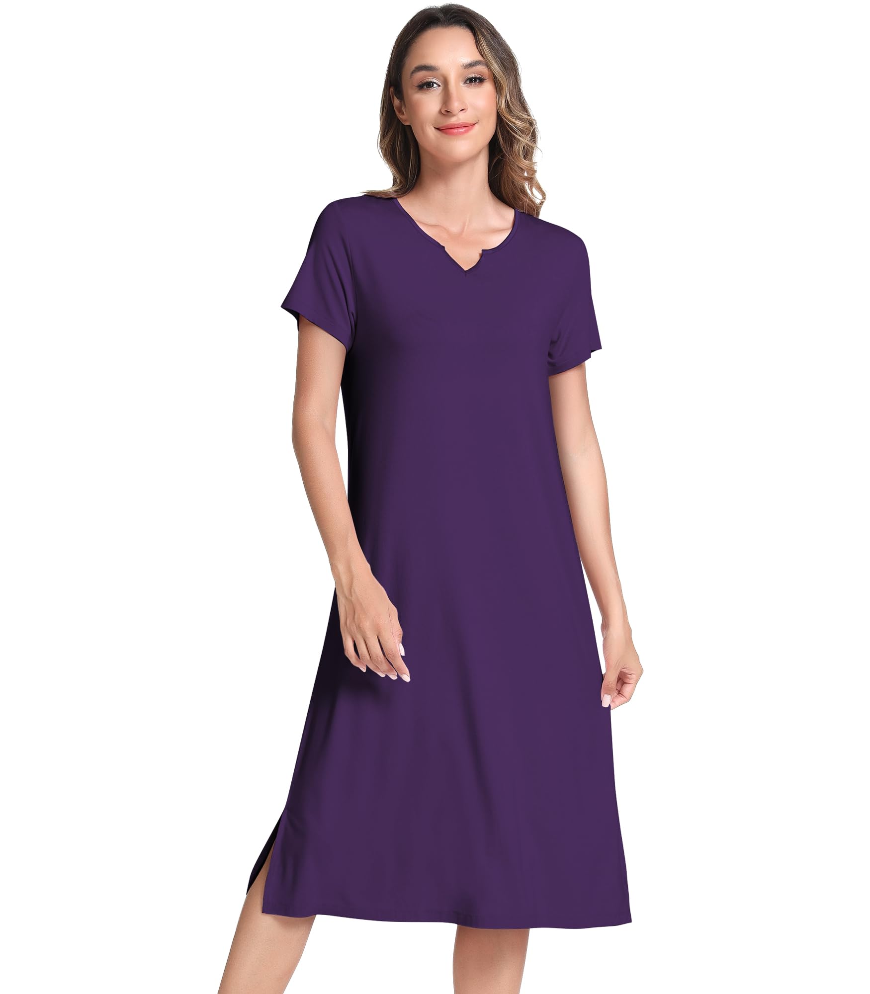 NACHILA Bamboo Viscose Nightgowns for Women Short Sleeve V Neck Sleepwear | Below the Knee Nightgowns, Tagless V-Neck Sleepshirt, Comfortable Short Sleeves, Side Slits Design, Relaxed Loose Fit