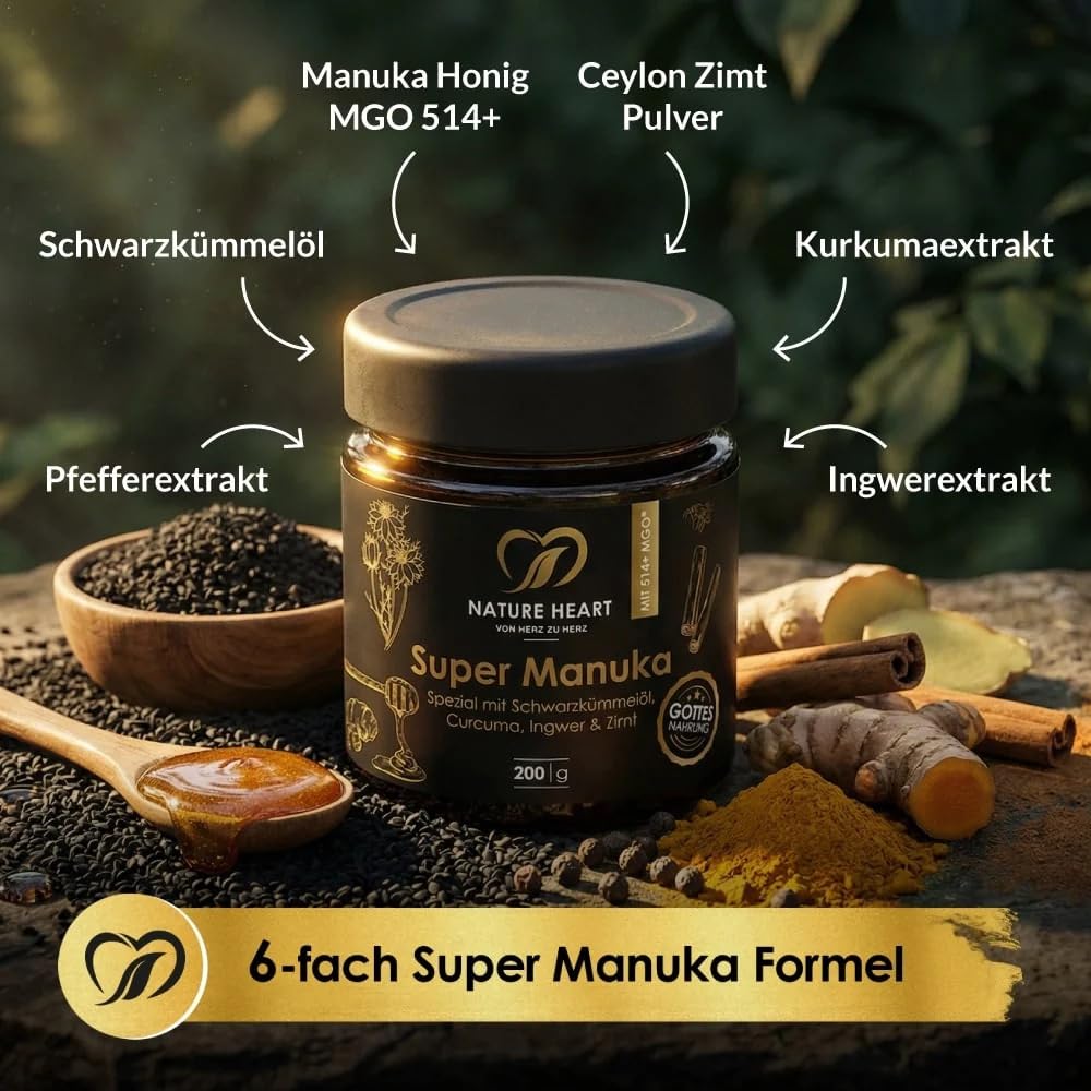 Nature Heart 4x Super Manuka Honig MGO 514+ mit Schwarzkümmelöl | Ceylon Zimt, Ingwer-, Kurkuma- & Pfefferextrakt | 100% Neuseeland | Unabhängig geprüft