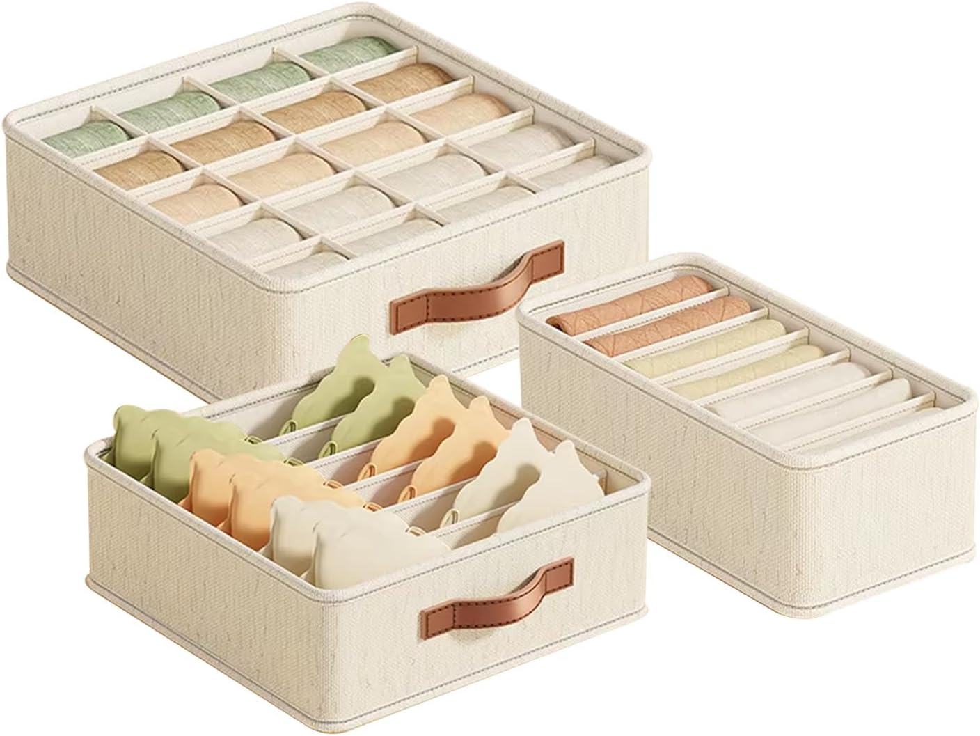 Storage Box Set Wardrobe Organizer Foldable Cotton Jute Storage Bin Washable with Leather Handles Clothes Organizer for undergarments, accessories Beige XL Size Pack of 3