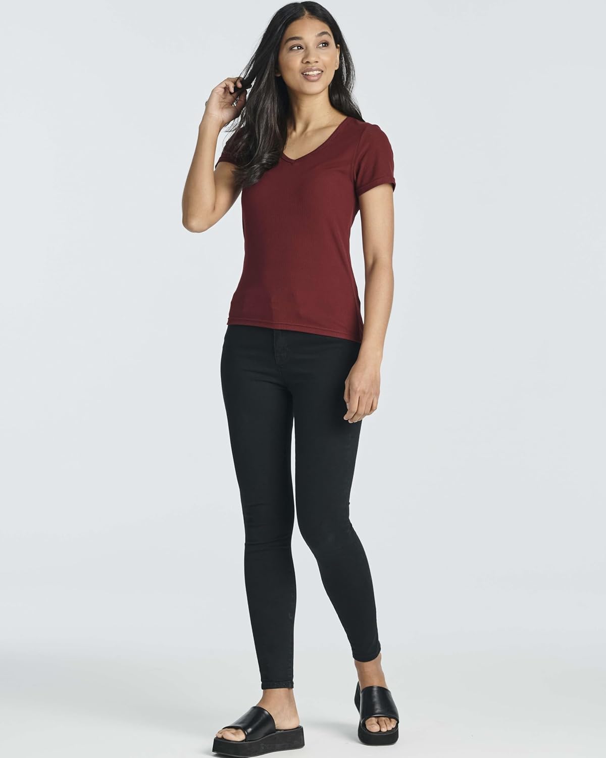 Real Essentials 5 Pack: Women's Ribbed V-Neck T-Shirt Short Sleeve Tee Shirt Soft Casual Lounge Everyday Top Ladies Teens - Image 6