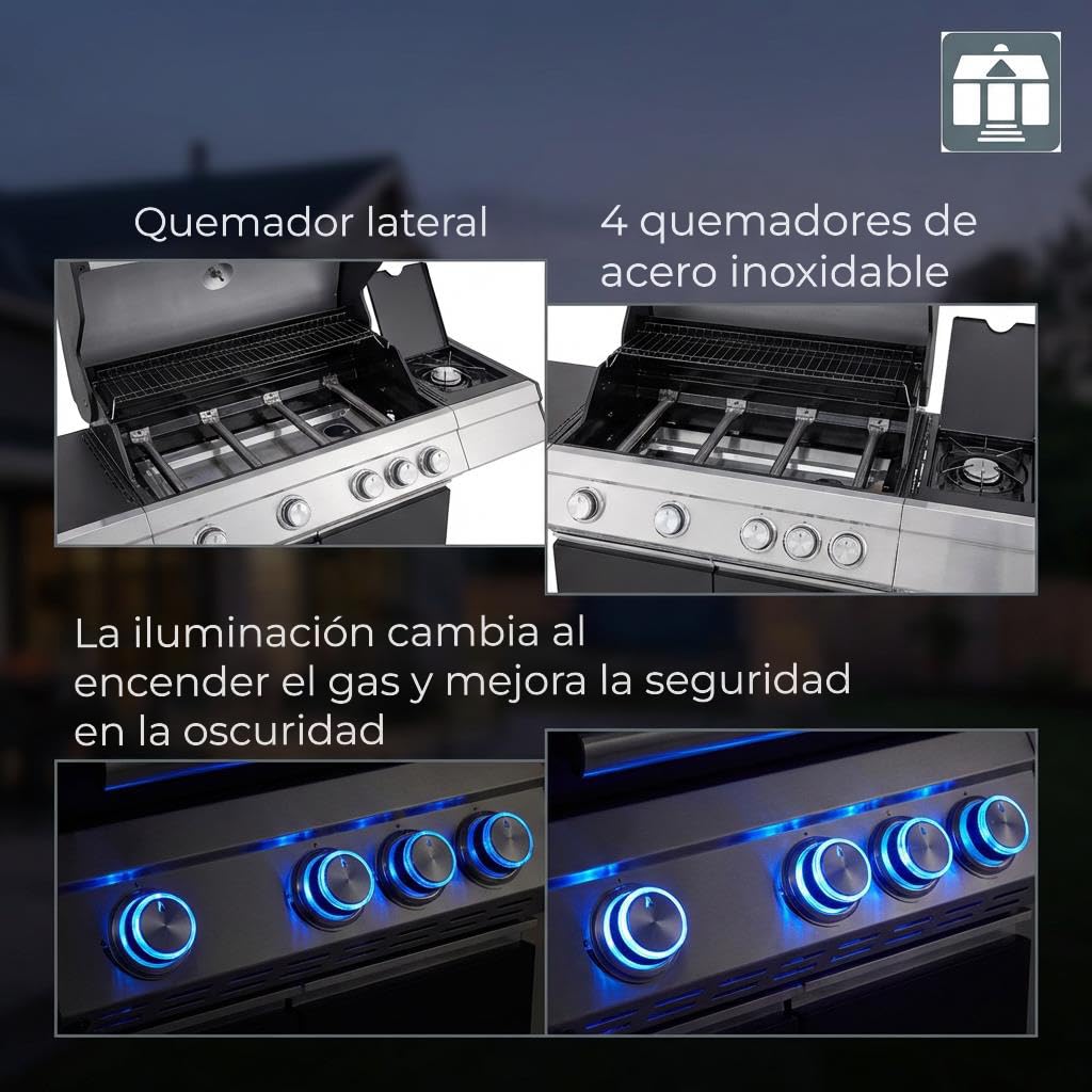 Tarrington House Barbacoa de gas Paxton de 4 + 1 Quemadores, Acero/Acero Inoxidable, Tapa con Termómetro, Mesa Auxiliar, Ruedas, Negro