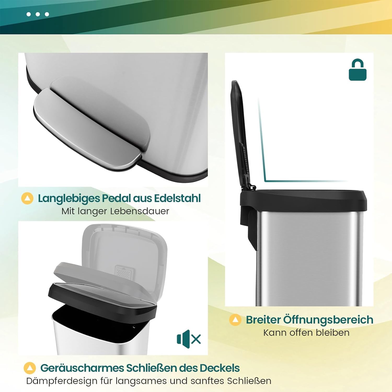 FANTASK 68L Mülleimer Küche, Tretmülleimer mit sanft schließendem Deckel, Silber Abfalleimer aus Edelstahl und Kunststoff, Mülltrennsystem inkl. Desodorierungsfach