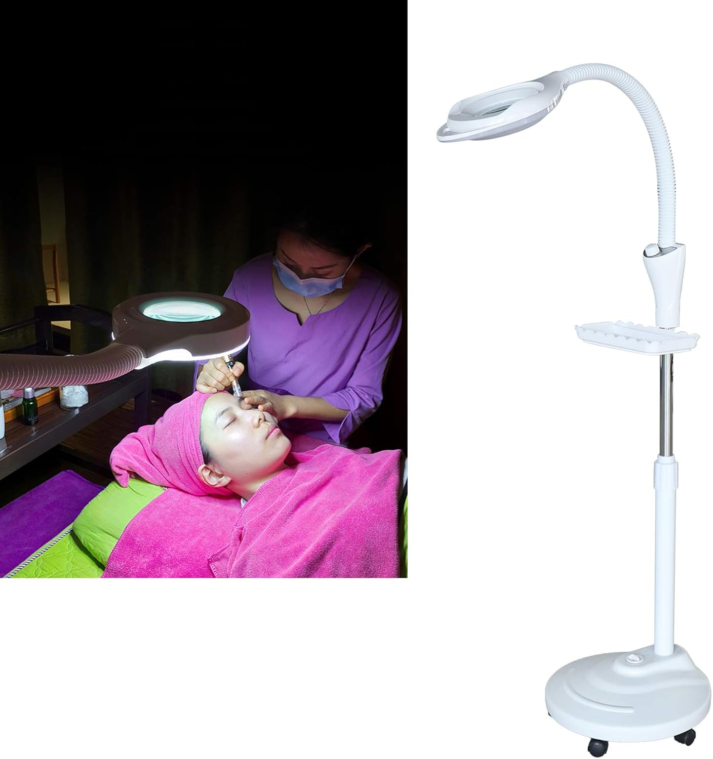 Munsinn Magnifying Lamp, 16x Diopter LED Magnifying Floor Stand Lamp Glass Lens Beauty Gooseneck Magnifier (58W with Wheel)