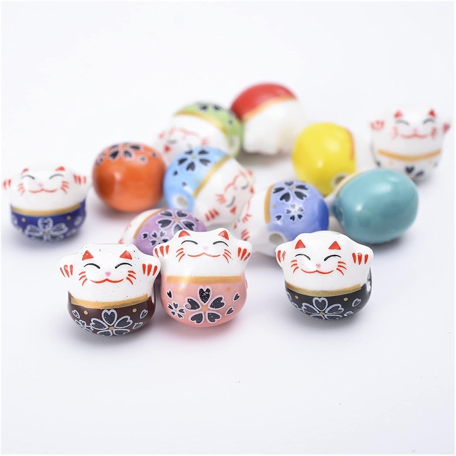 XA96 10/20/30pcs 14mm Lucky Cat Ceramic Beads Colorful Horizontal Hole Loose Jewelry Porcelain Beads for Jewelry Making Bracelet Beautifully (Color : Mix, Item Diameter : 30pcs)