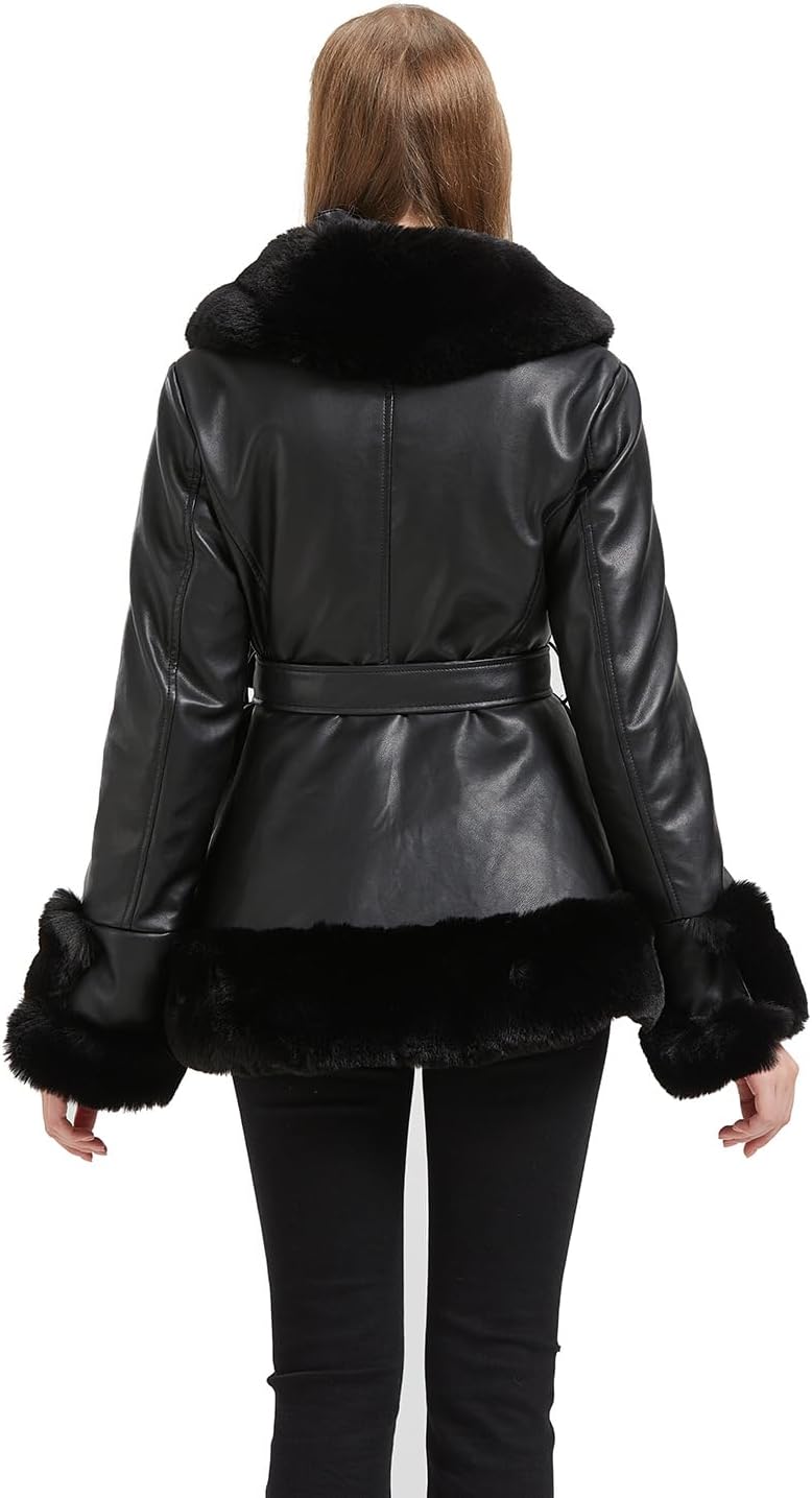 GRAN ORIENTE Women's Faux Leather Jacket with Faux Fur Collar, Winter Long Sleeve Furry Trim Peplum Parka Coat with Belt - Image 3