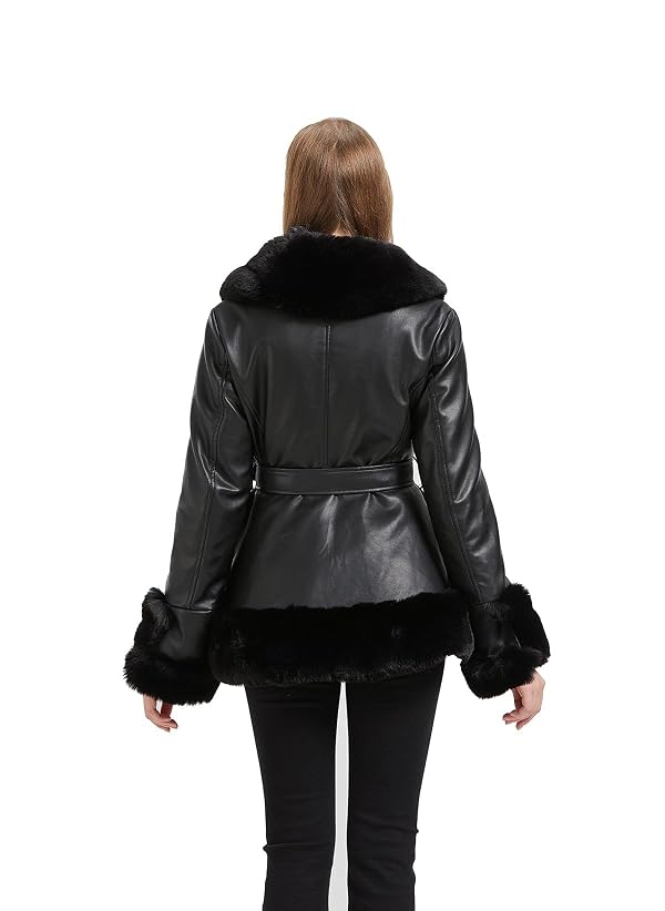 GRAN ORIENTE Faux Leather Jacket for Women with Faux Fur Collar Long Sleeve Fuzzy Parka Overcoat with Warm Trimmed Winter Peplum Coat Belted (GK007 Black M) by GRAN ORIENTE - Image 3