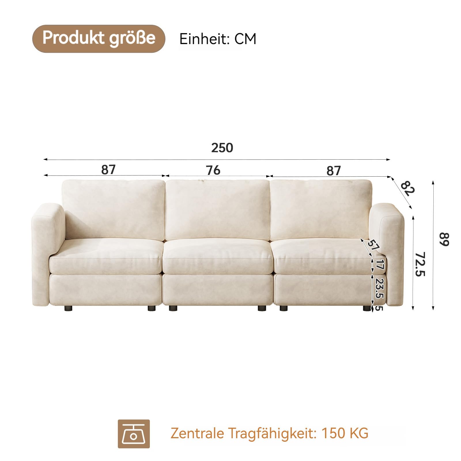Cream Modular 3-Seater Sofa, 250cm Wide Comfort Couch with Storage-Compatible Design, Cloud-Soft Seating, Sturdy Wooden Frame, 150KG Capacity