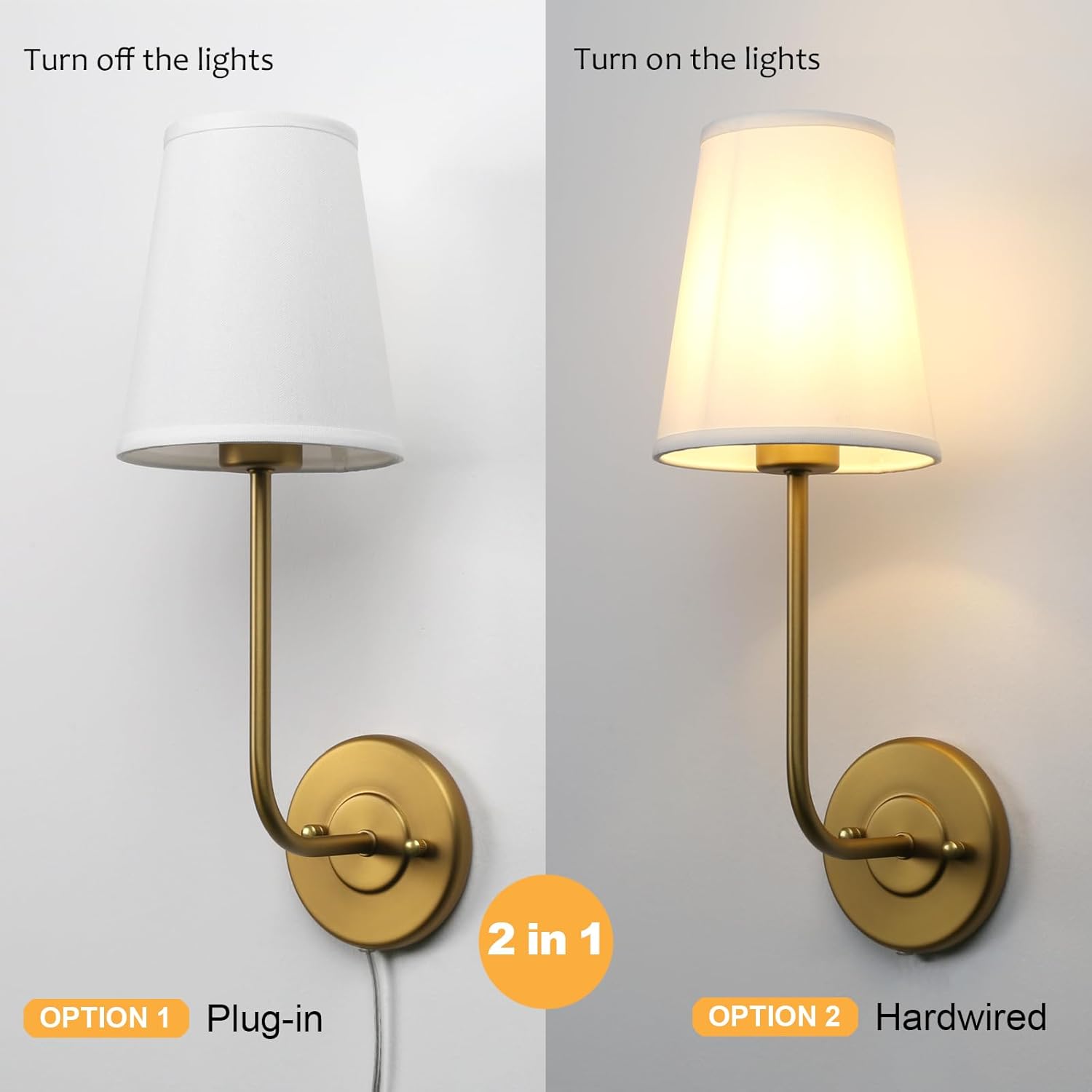 Pathson Set of 2 Plug in Wall Sconces, Rustic Wall Lighting Fixtures with On/Off Switch and Pure White Fabric Lampshade, Antique Brass Wall Lamps for Living Room Bedroom