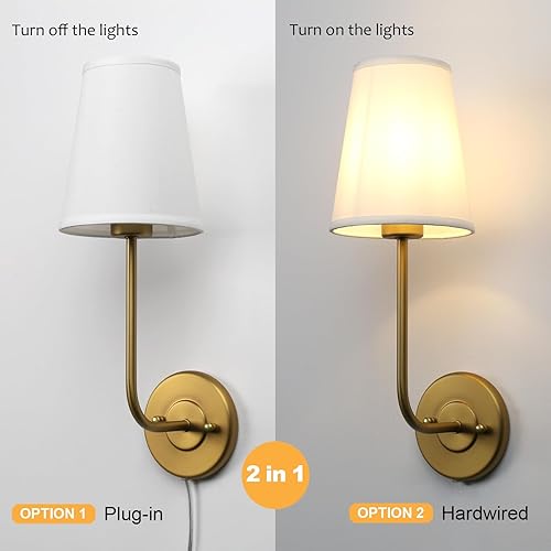Miniatura 6 de Pathson Set of 2 Plug in Wall Sconces, Rustic Wall Lighting Fixtures with OnOff Switch and Pure White Fabric Lampshade, Antique Brass Wall Lamps for