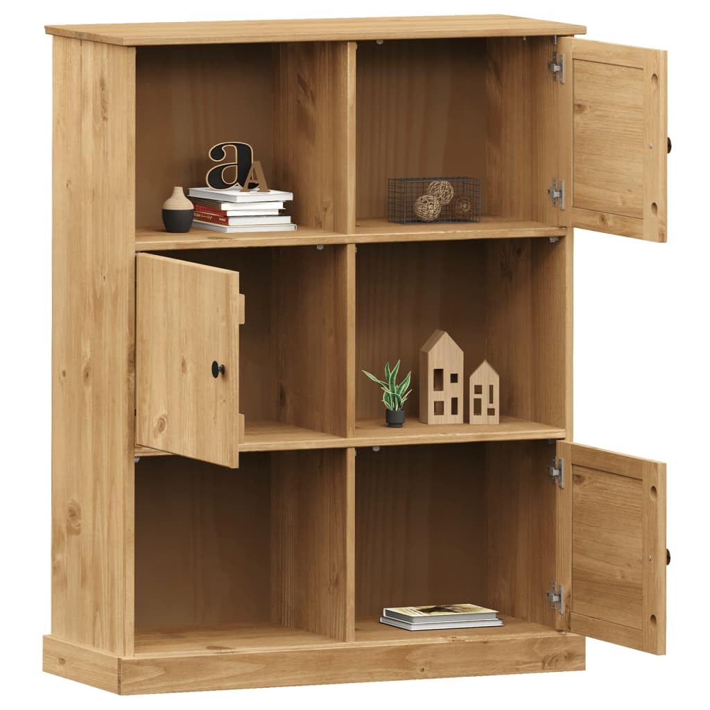 Libreria VIGO in legno di pino massiccio, 90 x 35 x 114,5 cm, con 6 scomparti e porte, spazio per libri, cartelle, documenti, salvaspazio, come divisorio per soggiorno, ufficio, cameretta
