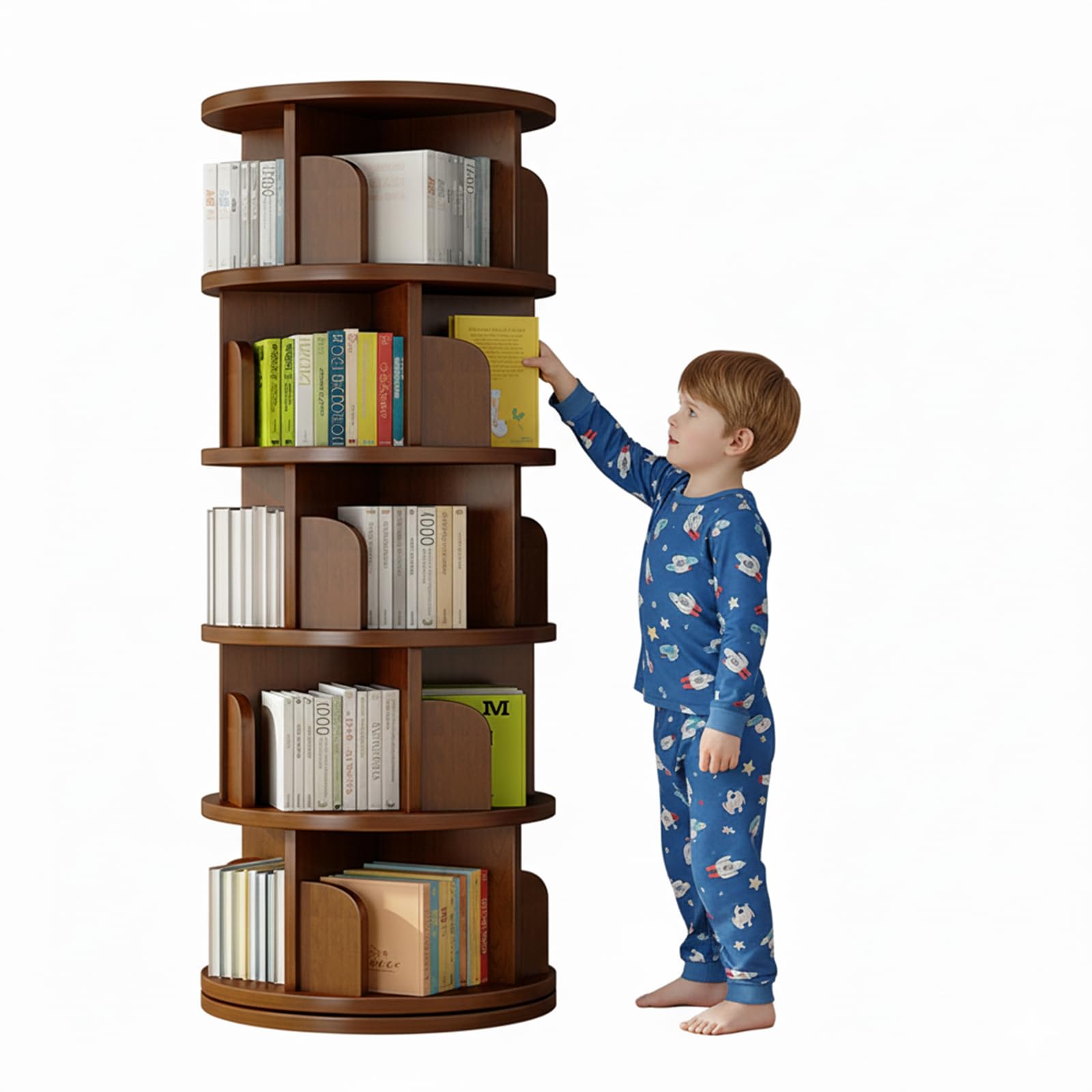 Bücherregal Drehbar, 5 Ebenen Drehbares Bücherregal Kinder, Multifunktionales Eckregal Stehend für Bücher und Dekoration, 46x46x157cm