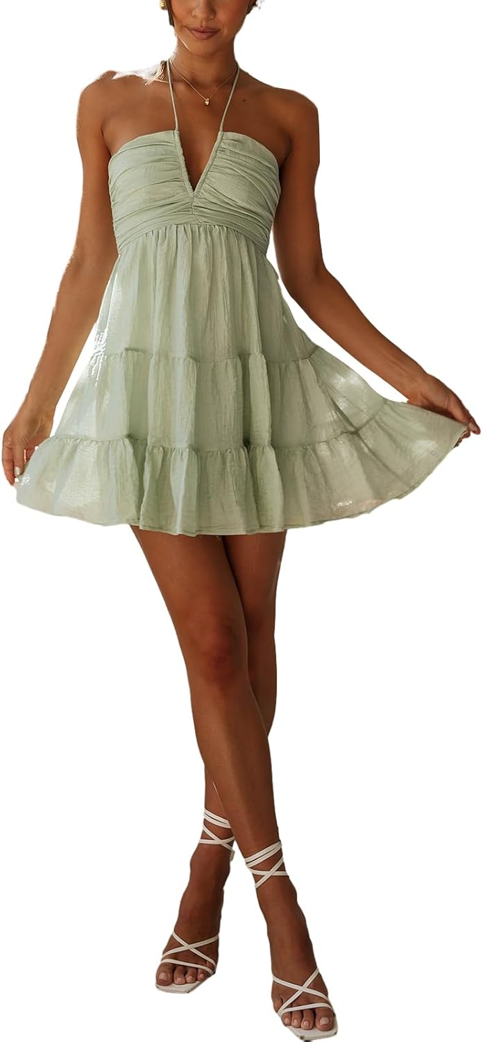 Womens Floral Mini Dress Summer Halter Tie Back Sleeveless A Line Boho Short Dresses Beach Cami Sun Dress - Image 4