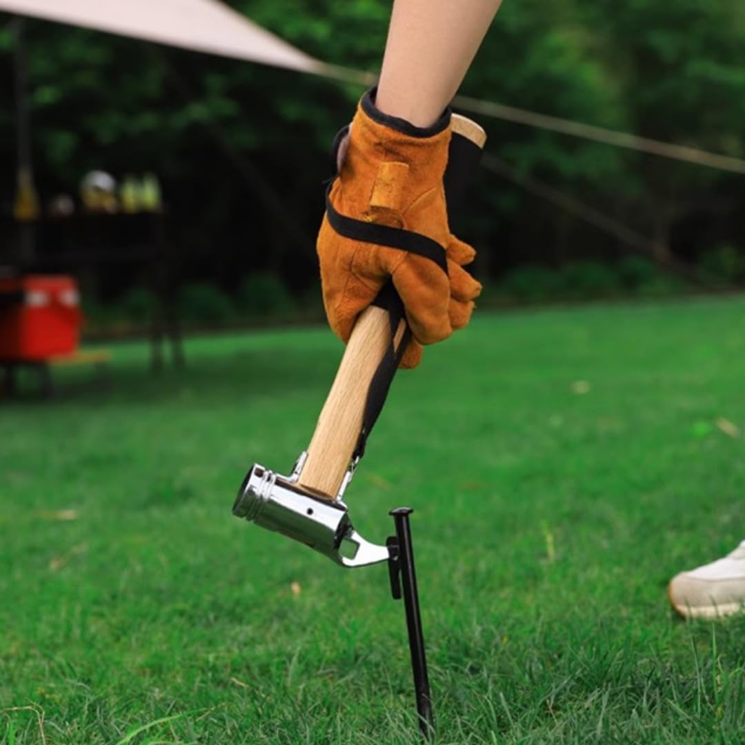 Camping Hammer für Zelt Camping - Hochwertiger Stahl & Massivholzgriff mit Polstergriff - Zeltpfahl Hammer und Abzieher mit Sicherheitsgurt, robuster Campinghammer für Zeltheringe (Stahlguss)