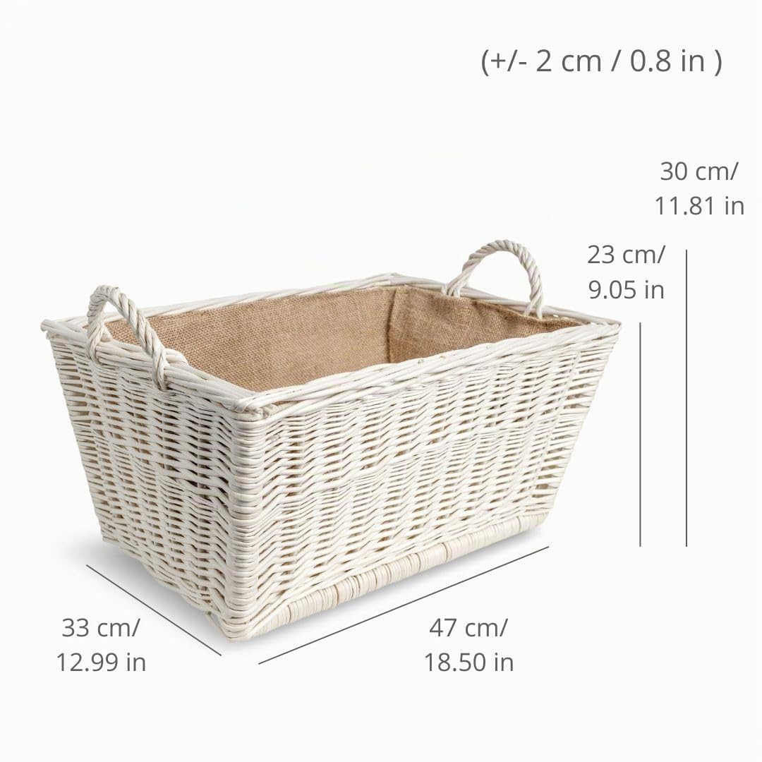 Creative Home Cesta de Mimbre Blanca para Almacenar Leña 47x33x30cm | Tela de Yute | Asas | Rectangular Grande | Tejida a Mano Duradera Interior | Sauce Grueso Natural | Multiuso