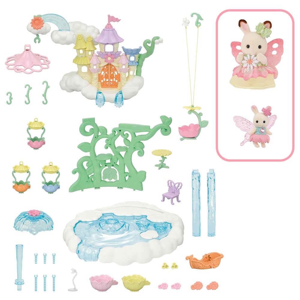 Sylvanian Families - 5824 Himmlisches Feenschloss, Spielset mit Tierfigur, Schokoladenhasen Baby, Blumenfee, samtige Tierfiguren, Spielzeug für Kinder ab 3 Jahren