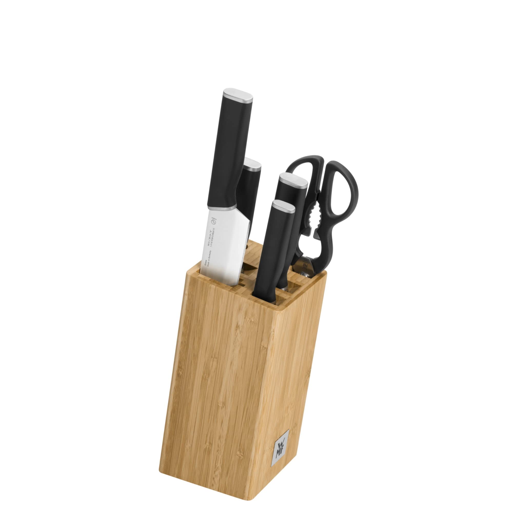 WMF Kineo - Juego 6 Piezas, 4 Cuchillos con Hoja de Acero Templado Especial y Tijeras Multiusos con Soporte FlexTec de Bambú