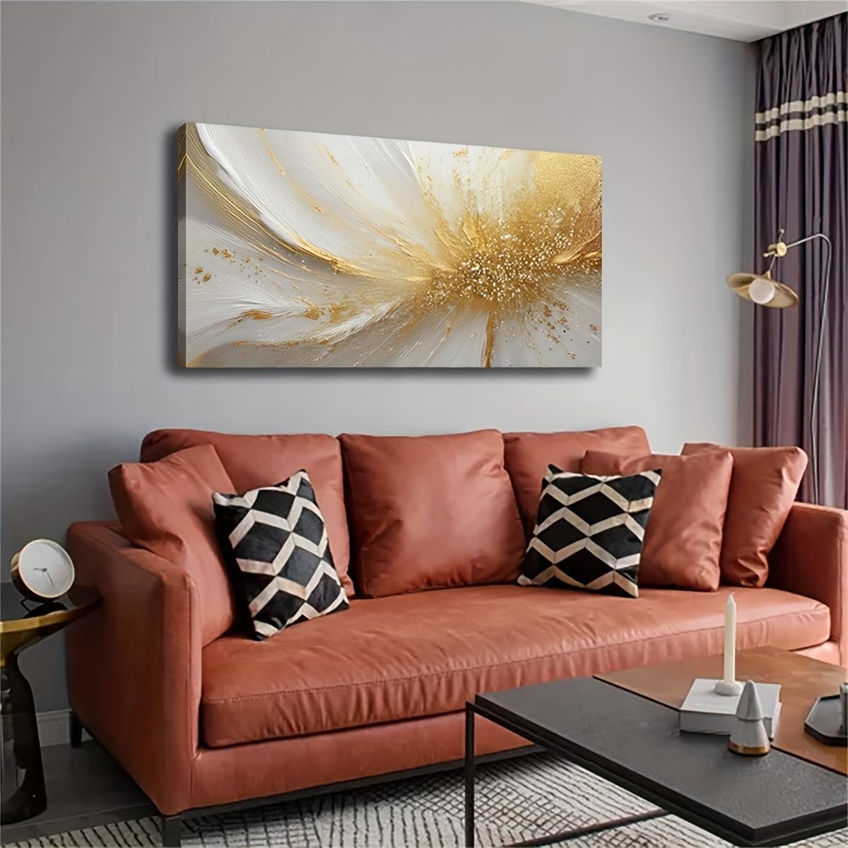 UUDEZO Large Size Framed Decorative Painting Golden Oil Painting Landscape Wall Art Modern Pictures(20x40cm(8x16in)