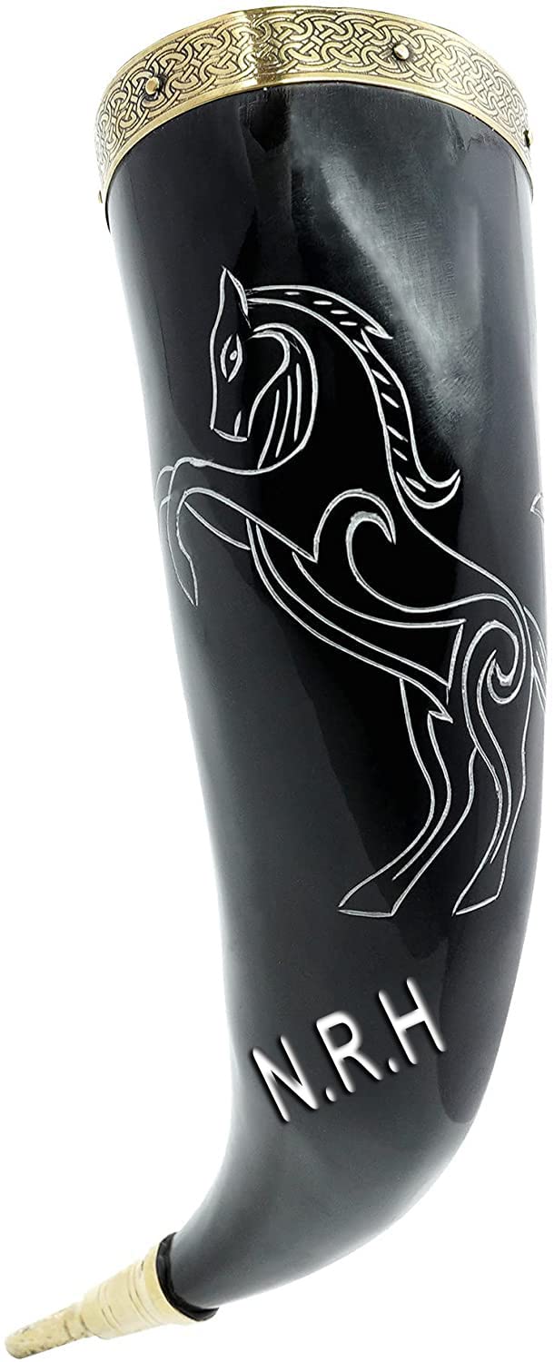 Nautical Replica HubDrinking Horn | Comes with Intricately Horse Design Decorated Brass Rim on Mouth & Ends | Engraved Stallion Design for an Elite Medieval Look
