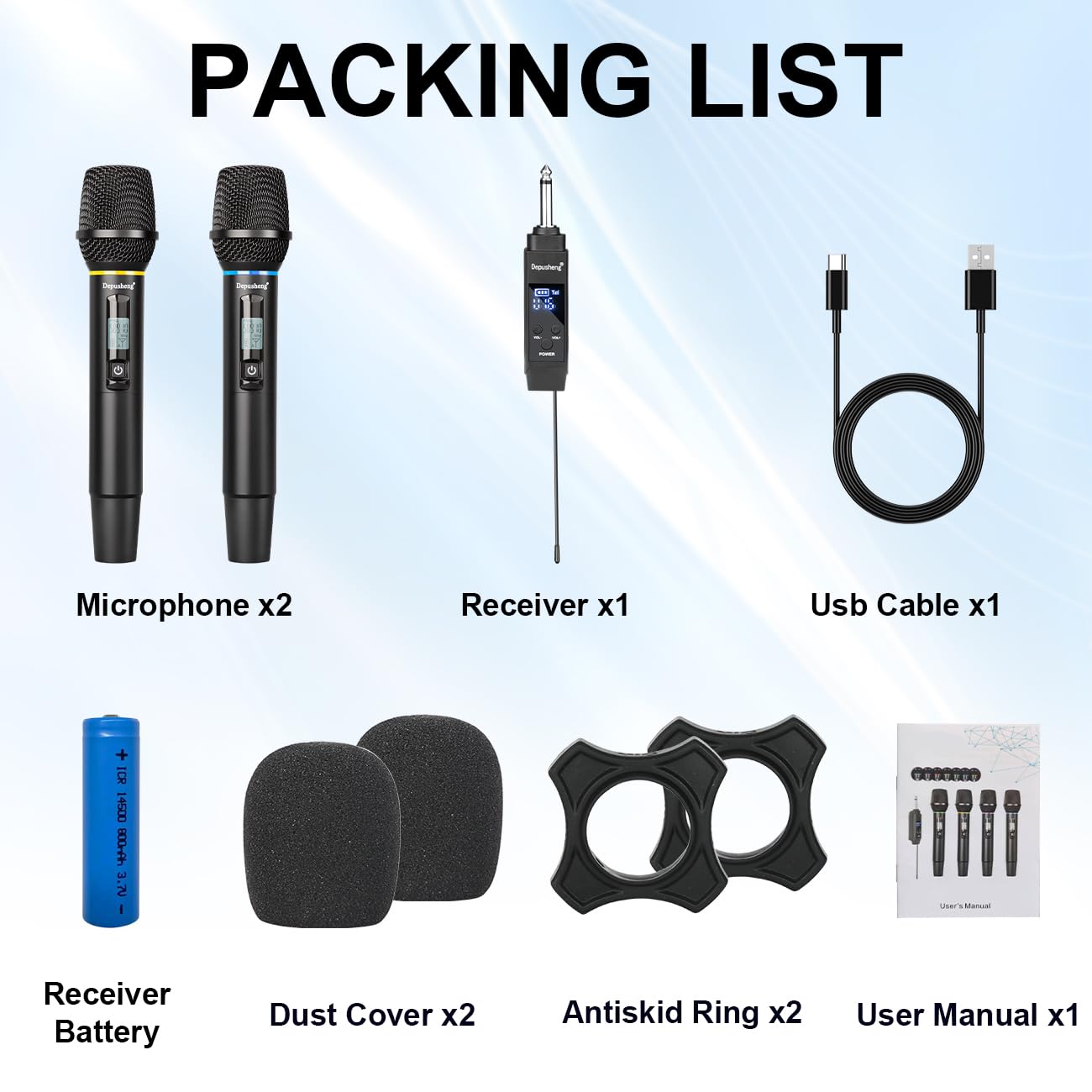Depusheng Microfono wireless S2, microfono dinamico palmare, microfono per karaoke con ricevitore ricaricabile per feste di matrimonio, chiese e club (DPS-S2-2)