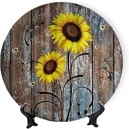 ASDWX Sunflower Decorative Wall Plates, 10", Rustic Yellow Flowers on Brown barn Door in Farmhouse in Autumn, Round Plate with Display Stand, Ceramic Tile Wall Decor for Home Office Decor