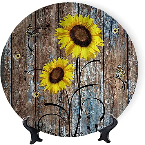Asdwx Sunflower Decorative Wall Plates, 10", Rustic Yellow Flowers On Brown Barn Door In Farmhouse In Autumn, Round Plate With Display Stand, Ceramic Tile Wall Decor For Home Office Decor #TOP17
