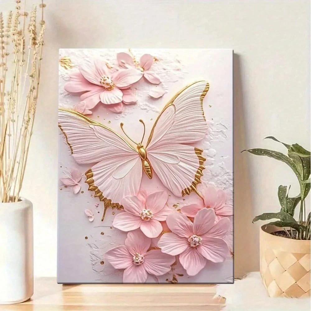 1 lienzo decorativo de pared, con estampado floral de mariposas rosas y doradas, ideal para la decoración de la sala de estar, la cocina o la oficina (70x120cm/Sin marco).