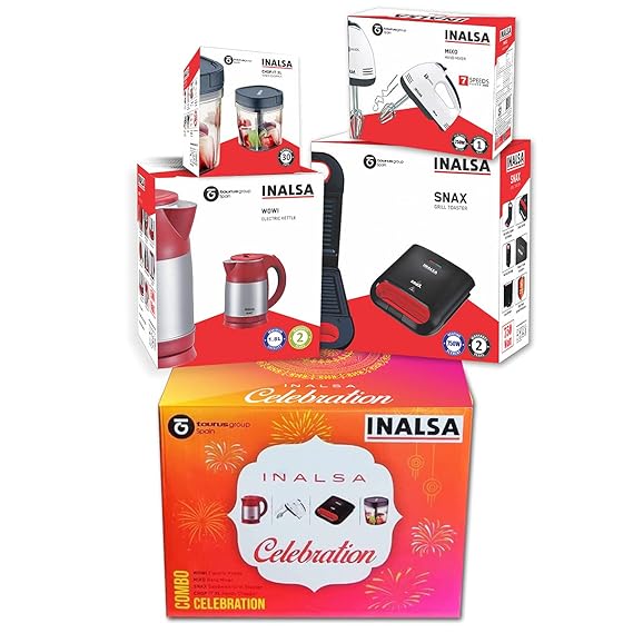 Inalsa Kitchen Essential Celebration Special Combo – Mixo-Hand Mixer, Wow-Electric Kettle, Chop It XL-Mini Chopper, Snax-Sandwich Toaster (Multiple, 1500W) at Rs. 2484