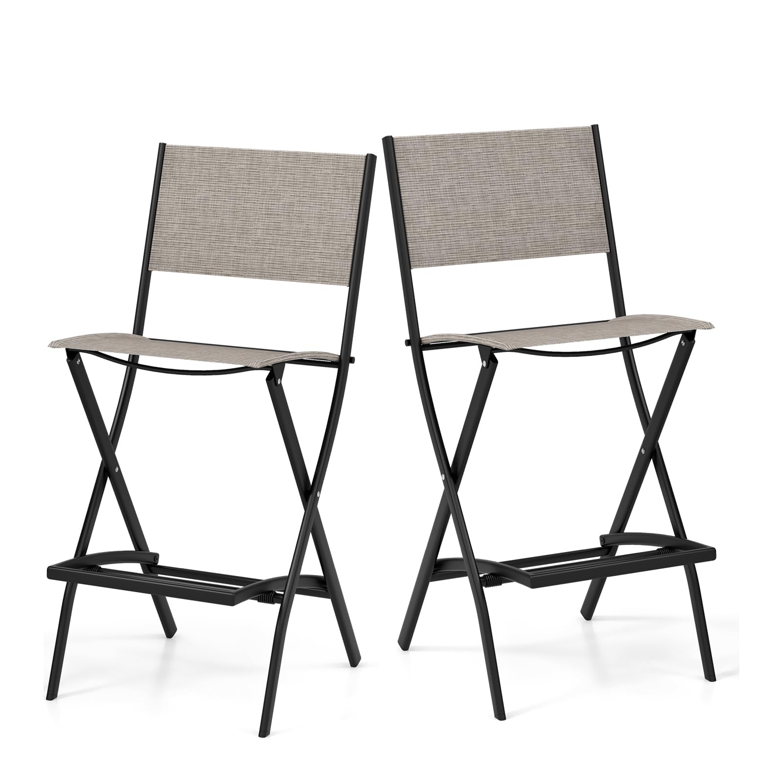 KOMFOTTEU Set di 2 Sgabelli da Bar Pieghevoli, Sgabelli Alti da Cucina con Schienale e Poggiapiedi, Sedie da Giardino in Tessuto Textilene, 46 x 57 x 102 cm, Marrone