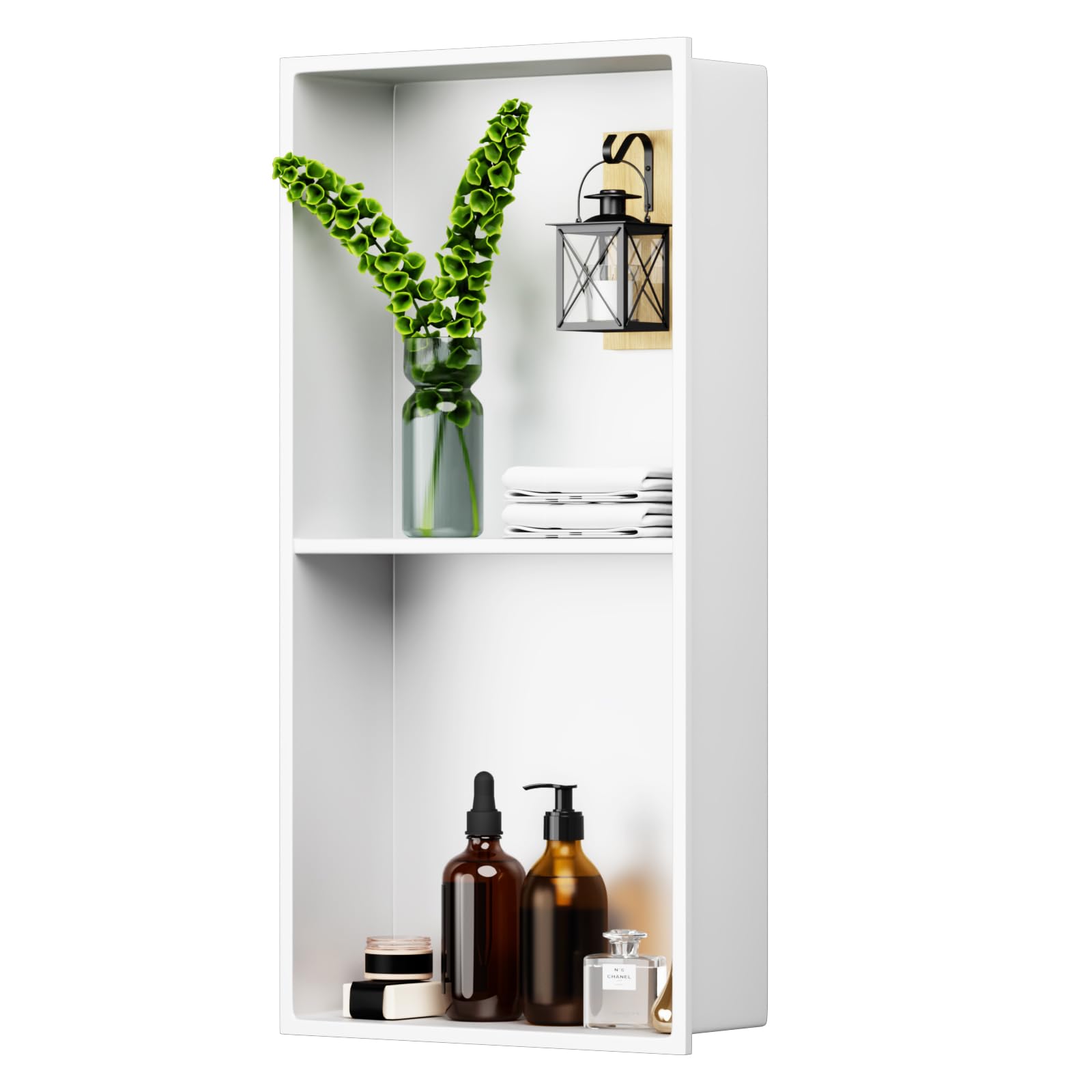 Greenspring 24" X 12" Stainless Steel Shower Niche Insert Tile Ready, Niche for Shower Wall, 2-Tier Recessed Shelves No Tile Needed for Bathroom Storage, White