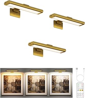EZVALO Picture Light for Wall, Rechargeable 2400mAh Battery Lights Wireless Remote, 3 Color & Dimmable Magnetic 8'' LED Lights Display for Painting, Living Room, Gallery, Bedroom, Dashboard(Gold-3P)