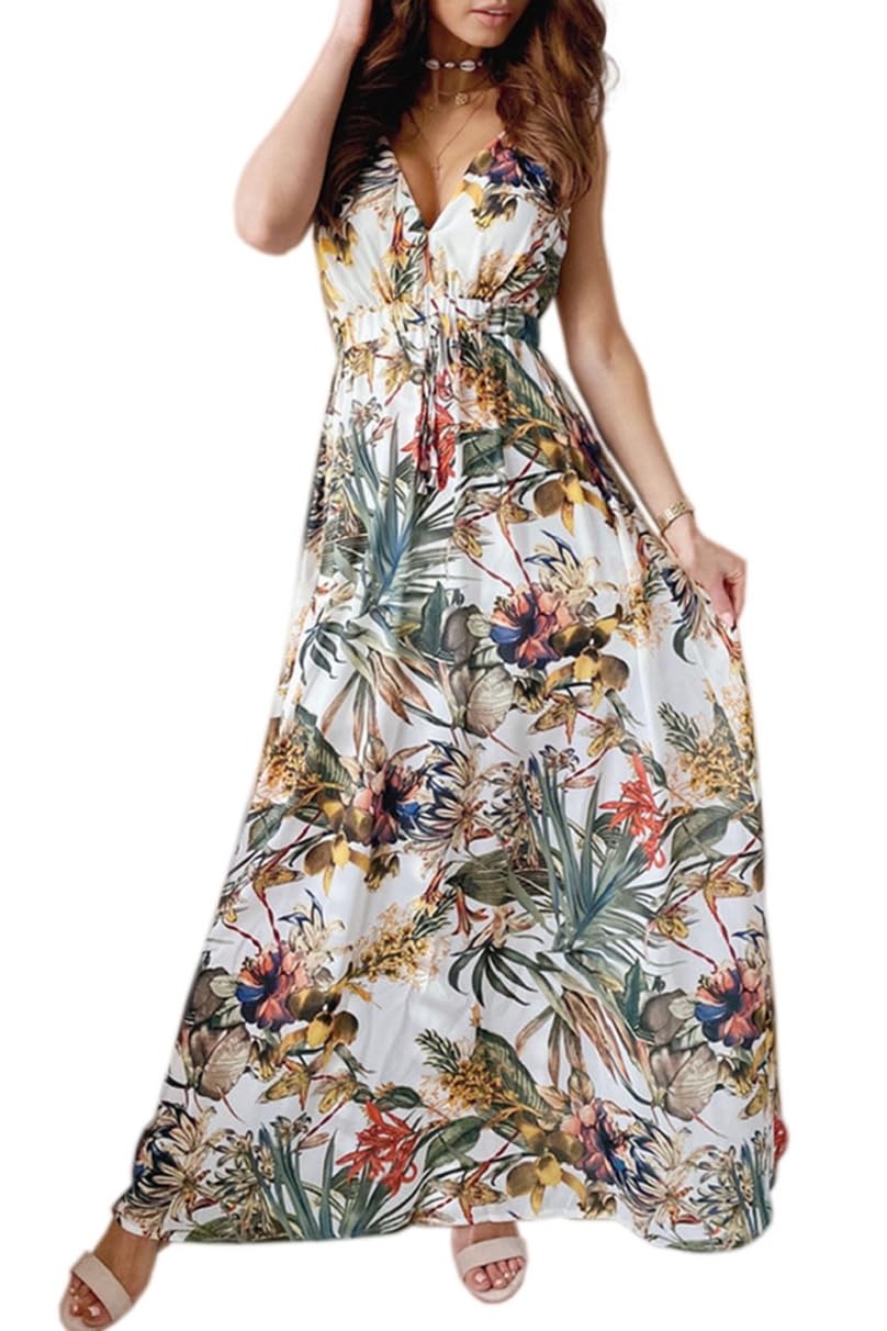 Yutdeng Vestido Largo Verano Mujer Vestido Boho Cuello V sin Mangas Estampado Floral Vestidos Playeros Vestido Tirantes Vestido Casual Elegantes Vestidos de Verano Mujer Fresco