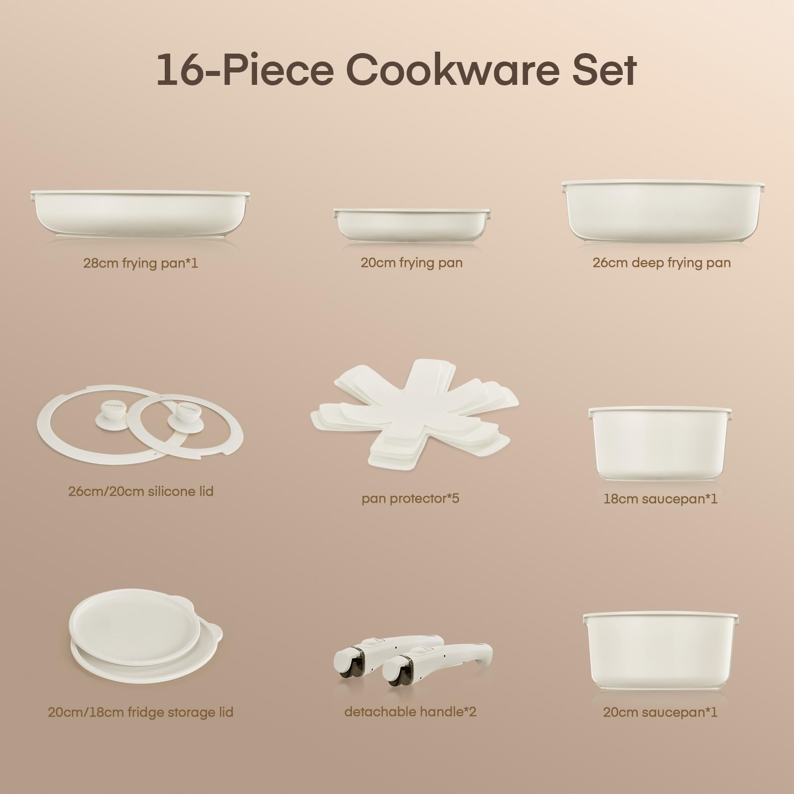 FOHERE Batterie de cuisine en céramique anti-adhésive avec 2 poignées amovibles, lot de 16 casseroles à induction avec couvercles pour tous les types de cuisinières, fours et