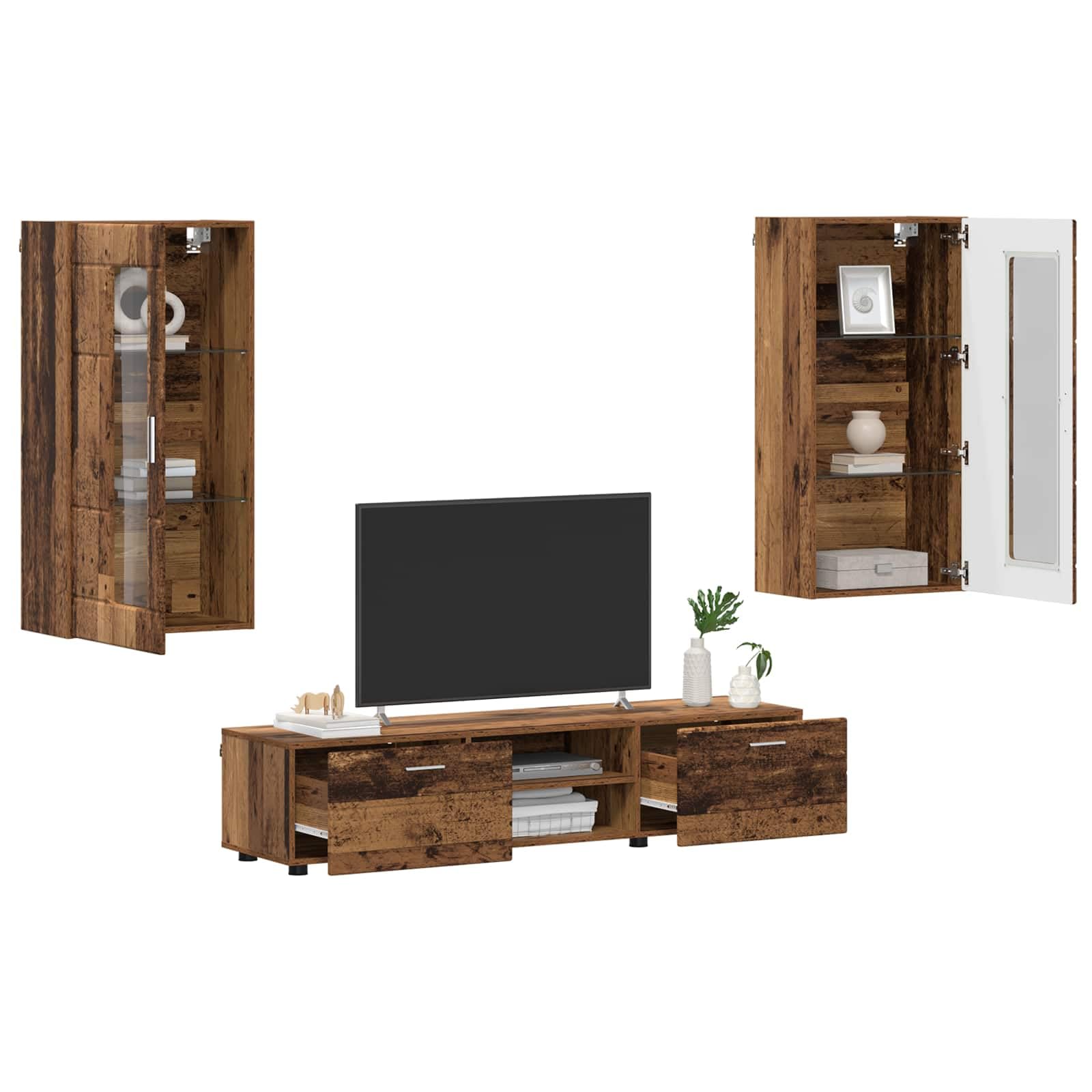 Florin - Set di 3 mobili per TV con cassetti, in legno anticato, per soggiorno, scaffale basso, portaoggetti moderno per la famiglia
