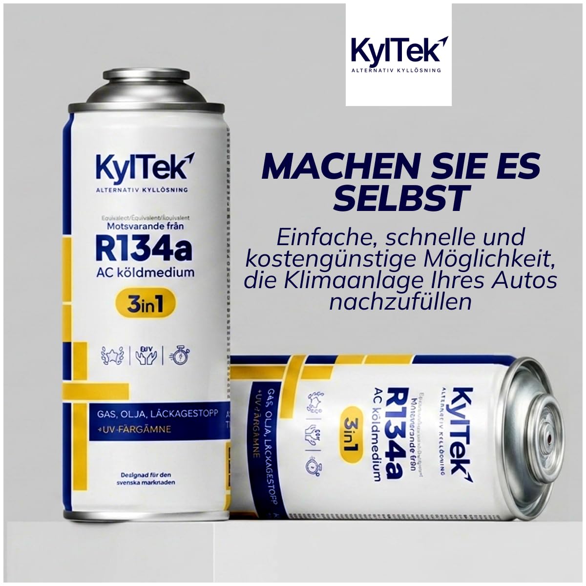KylTek 3in1 Kit Ricarica Aria Condizionata R134a (2x Bombolette da 400ml + Tubo) – Gas Sostitutivo – Auto fino al 2016