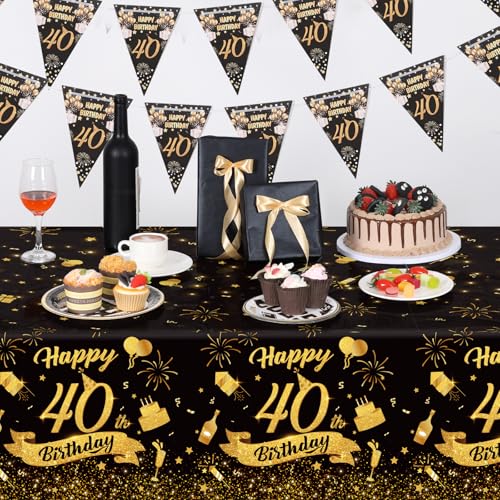 Image of NatNarr 3 Pack 40th Birthday Plastic Tablecloth, 54x108 Inch Black Gold Disposable Rectangle Table Cover Waterproof Table Cloth for Birthday 40 Anniversary Party Supplies