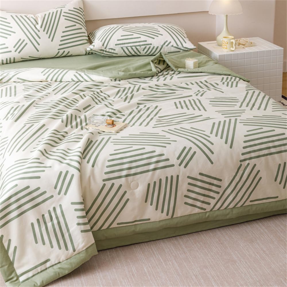 Mateju Bettüberwurf Tagesdecke de Gesteppt, Baumwolle Tagesdecken Überwurf Atmungsaktive Leicht Dünn Sommerdecke,Steppdecke Weich Sofaüberwurf,Blumenmuster (Grünes geometrisches Must,200 * 230cm)