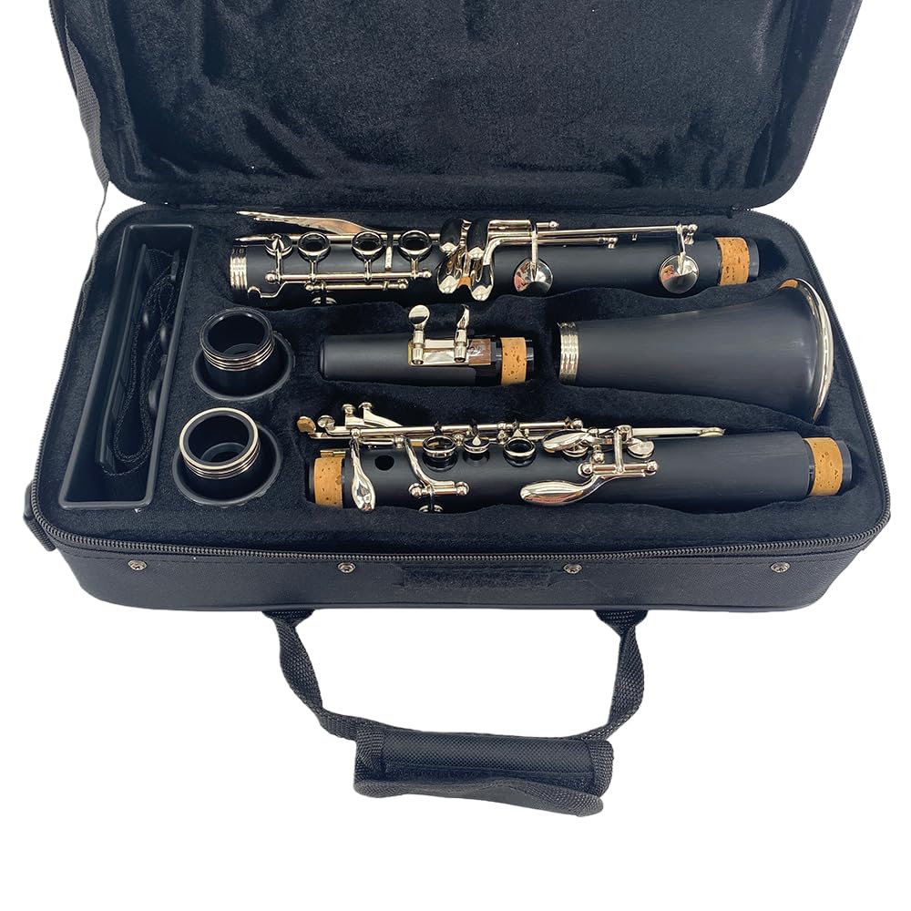 Clarinete para principiantes, clarinete profesional de ebonita con 2 barriles, kit de limpieza de estuche rígido, guantes de grasa de corcho y boquilla (llave BB)