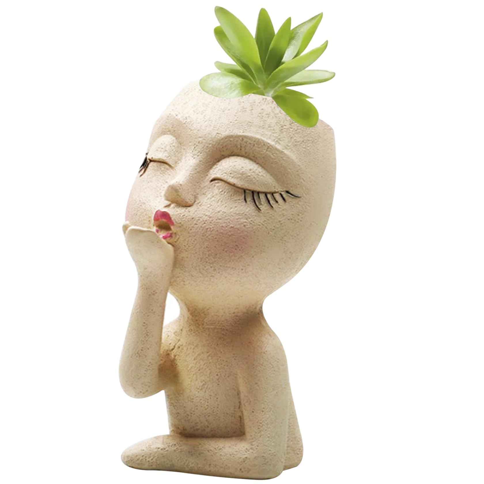 1 ST Gezicht Planter Schattig Meisje Gezicht Bloempot Gooien Kusjes Hars Hoofd Planter Levendige Decoratieve Succulent Unieke Plantenpotten voor Thuis Balkon Tuin Yard, Beige Geel