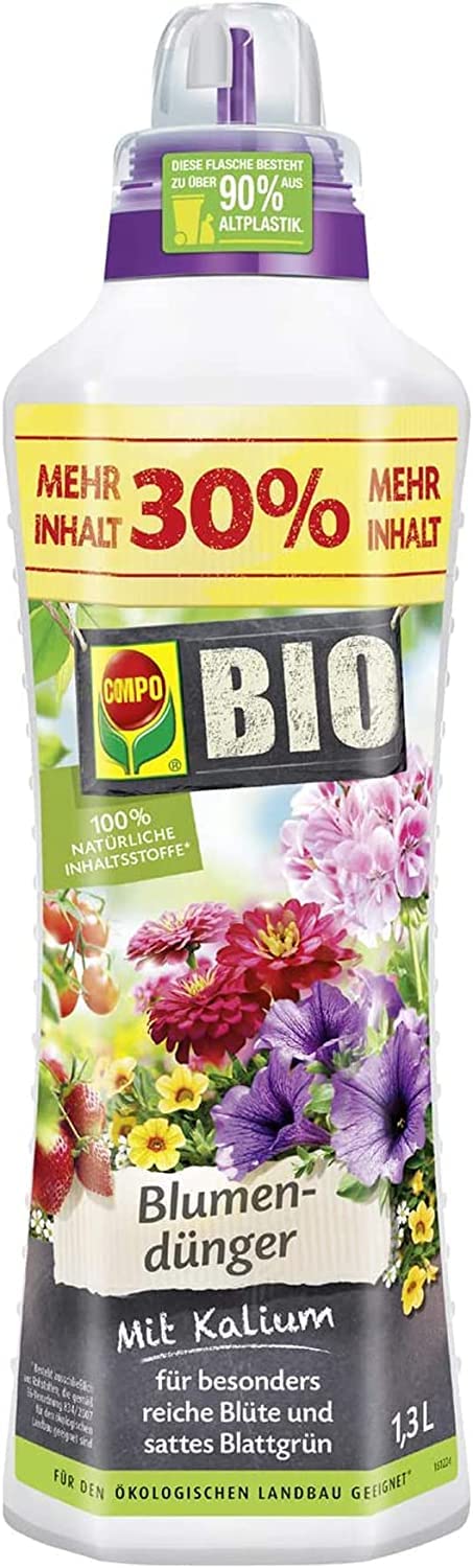 Compo Bio nawóz do kwiatów do wszystkich roślin pokojowych, balkonowych i tarasowych, naturalny specjalny nawóz płynny, 1,3 litra