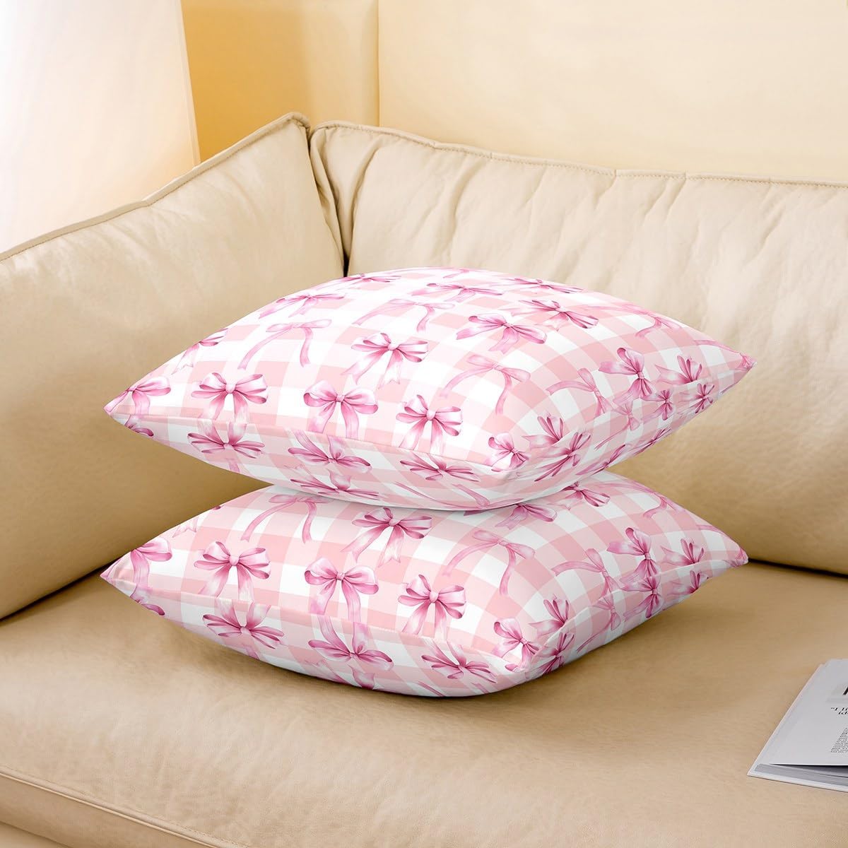 Feelyou Girls Pink Bowknot Pillow Covers for Home Sofa Bed Couch,Princess Romantic Bow Throw Pillow Covers 24"x24",Girls Room Decor,Cute Bow Tie Cushion Covers,Pink Bowknot 2pcs Pillowcases