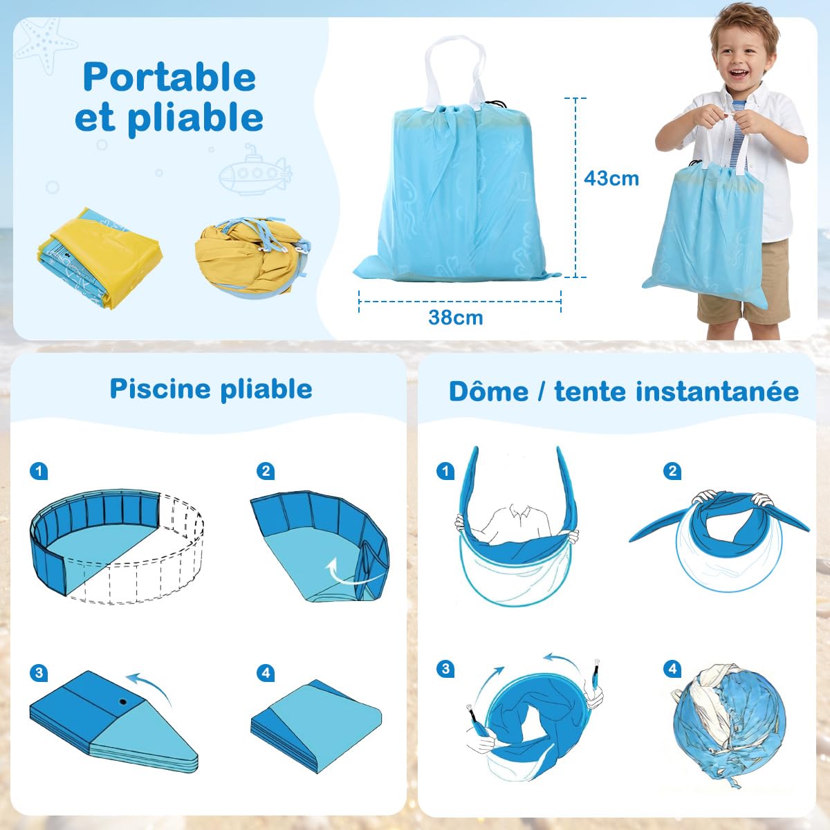 Piscine Pliable pour Enfants avec Toit Pare-Soleil et moustiquaire, Montage Rapide – 3-en-1 Piscine Portable pour bébé avec Ventilation, INCL. Sac de Transport pour Plage, Jardin, Camping et Voyages
