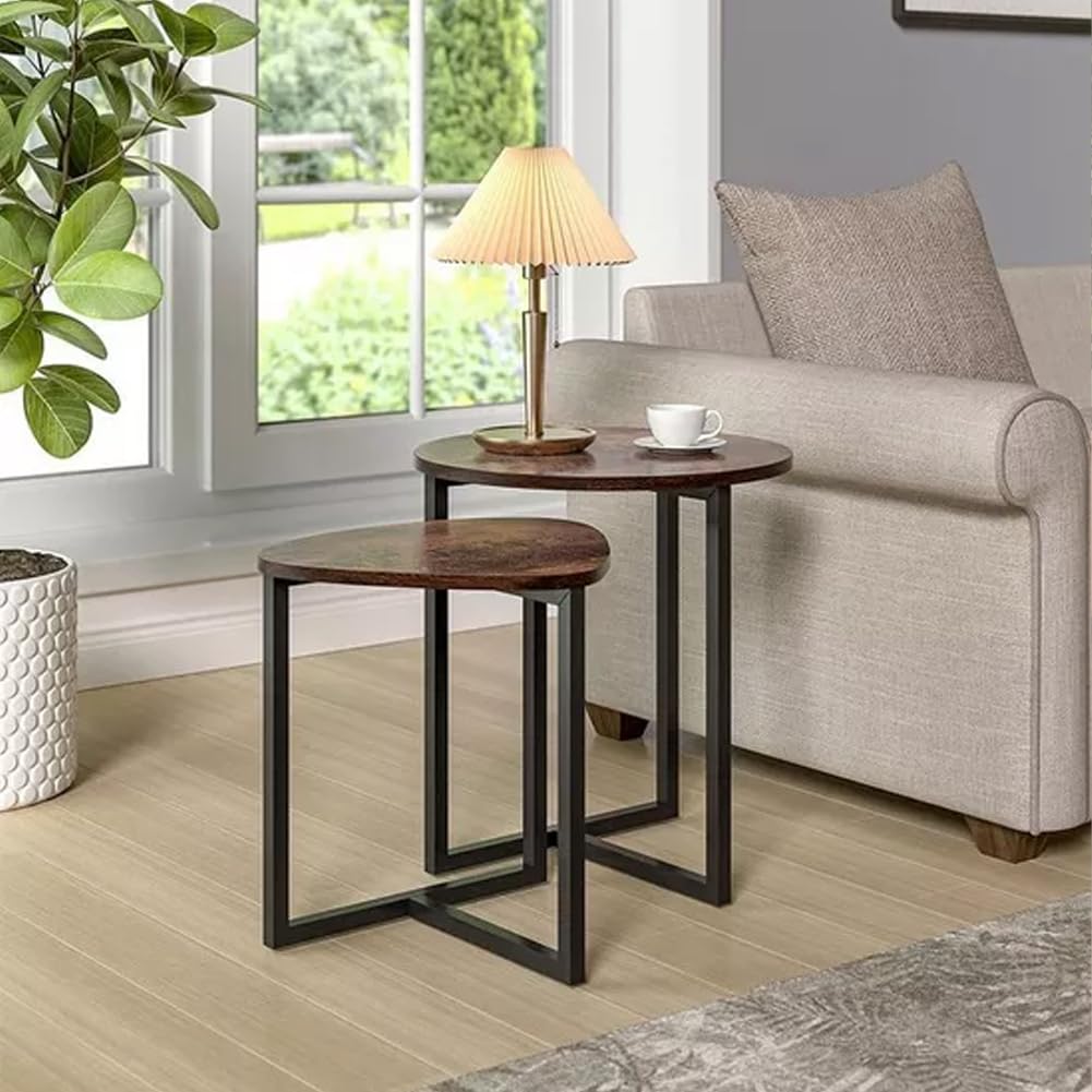 Shally Dogan Set mit 2 ineinandergreifenden Tischen im Industriestil für Wohnzimmer mit Holzplatte und Metallrahmen, Couchtisch, Wohnzimmer, platzsparender Verschluss, stapelbar