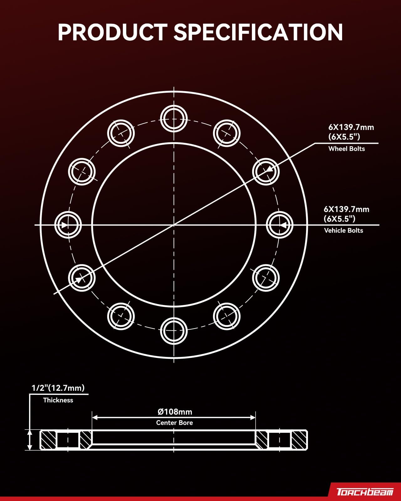 Torchbeam 6x5.5 Lug-Centric Wheel Spacers 0.5 inch for Toyota Tacoma