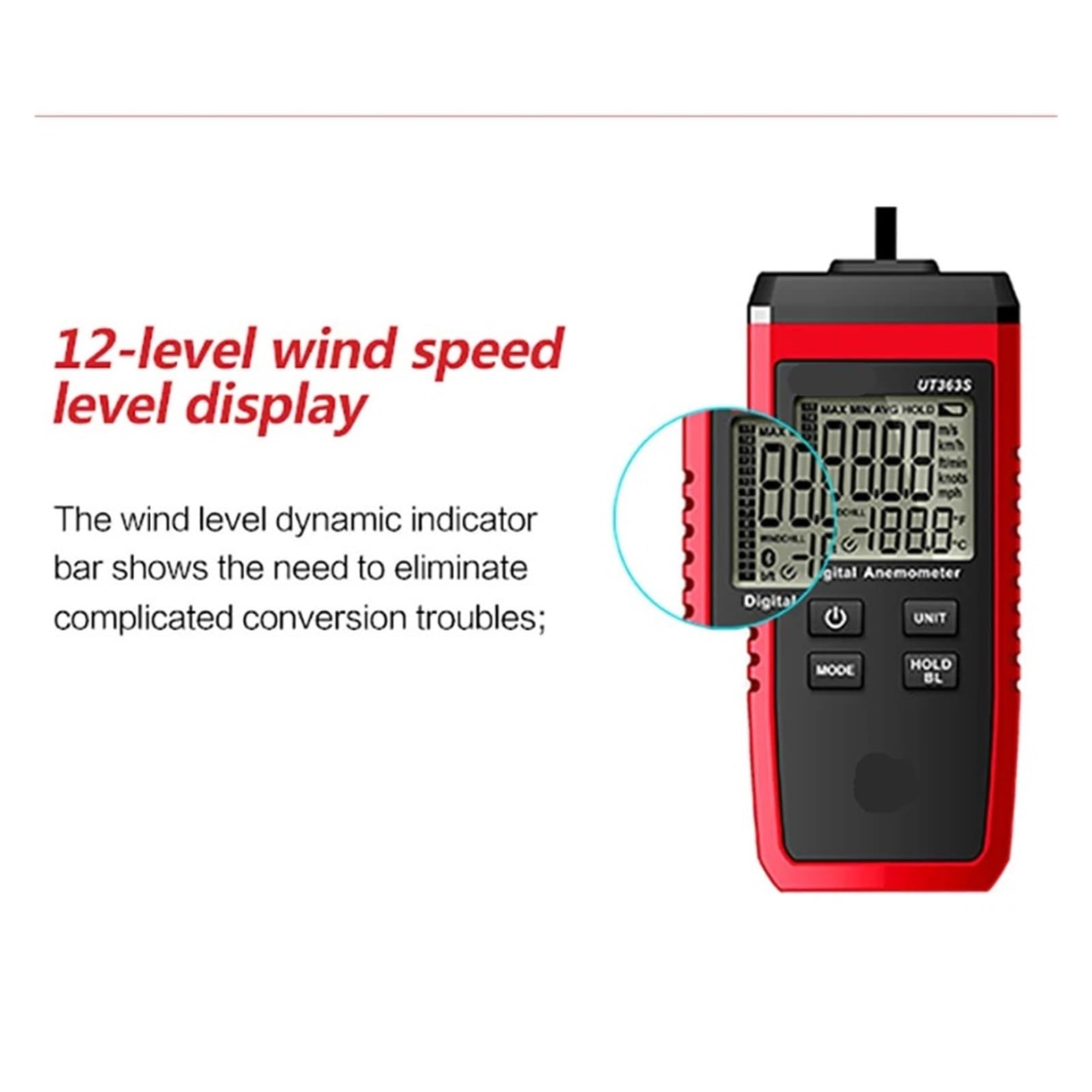 Wiatromierz, Miniaturowy anemometr, miernik prędkości wiatru, wyświetlacz LCD, pomiar prędkości przepływu powietrza, poziom wiatru 1~12